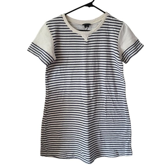 Theory Women's Size Large 100% Cotton Ivory Navy Striped Short Sleeve Mini Dress - Picture 1 of 10